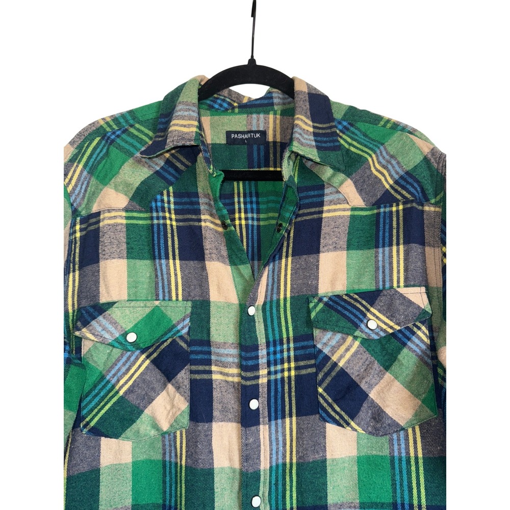 PASHARTUK Mens Large Plaid Long Sleeve Snap Front Western Shirt Green Blue Tan - Picture 2 of 10